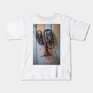 Two Old Rustic Horns Hanging On Door Kids T-Shirt